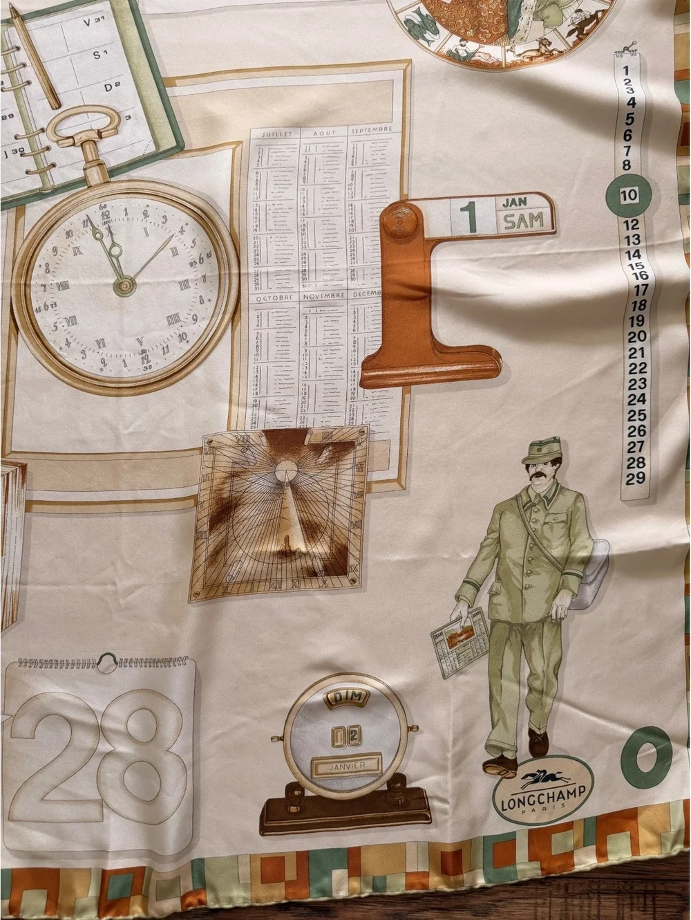 Longchamp Paris Vintage Silk Scarf with Time and Calendar Motif
